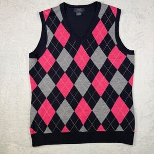 Brooks Brothers 346 Mens Argyle Sweater Vest Pink Navy Blue Merino Wool Medium